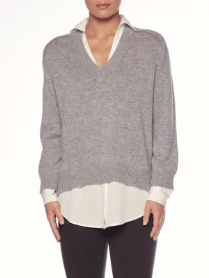 BROCHU WALKER - V Neck Layered Pullover in Sterling Melange with White Underlayer