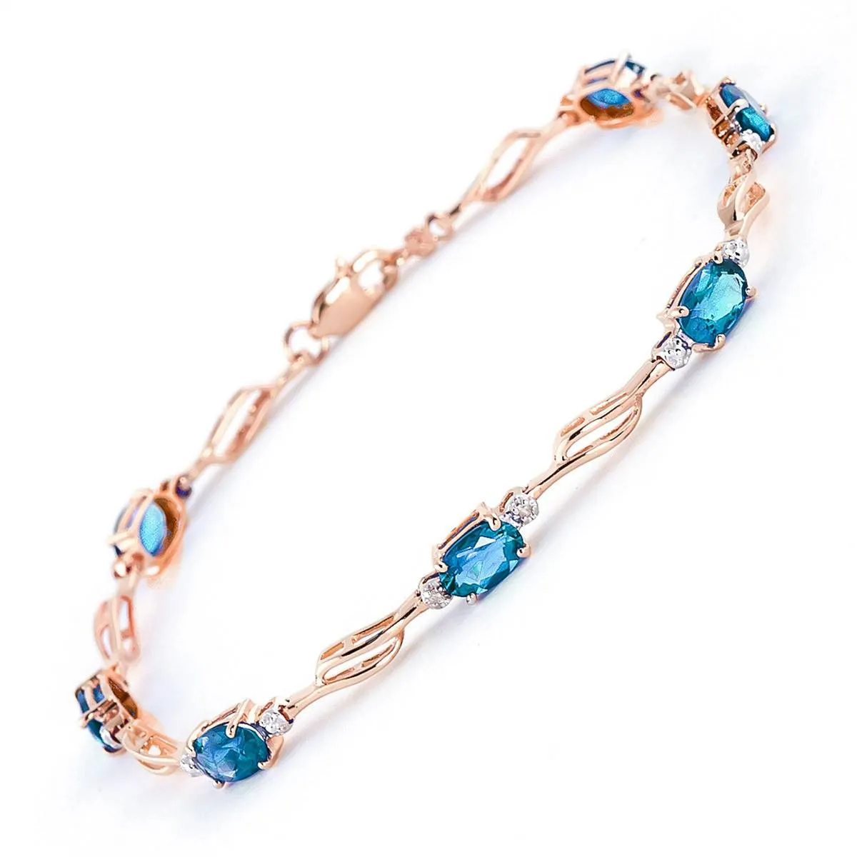 14K Solid Rose Gold Tennis Bracelet Blue Topaz & Diamond Certified