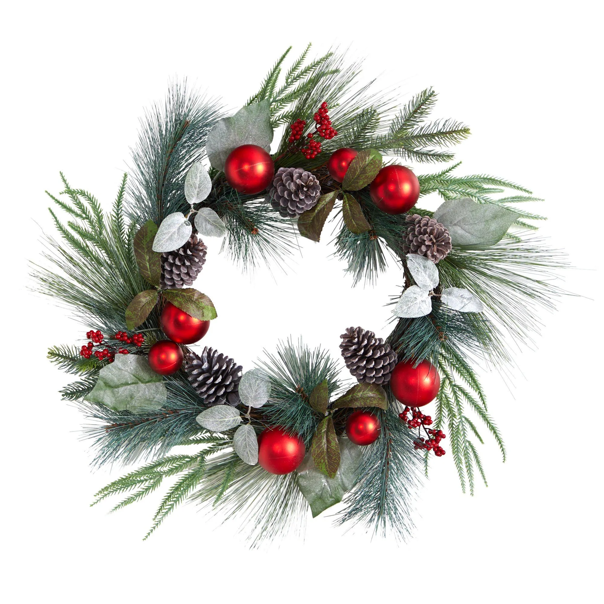 24” Assorted Pine, Pinecone and Berry Artificial Christmas Wreath with Red Ornaments