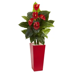 53” Anthurium Artificial Plant in Red Tower Vase(Real Touch)