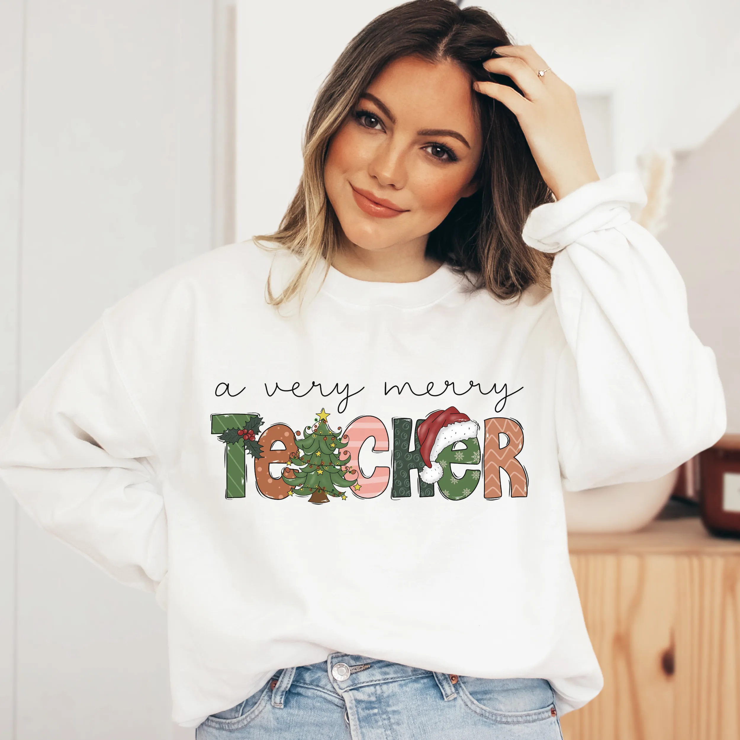 A Very Merry Teacher Christmas Unisex Crewneck Sweatshirt Women's Ash, Sand, or White Teacher Christmas Gift Cute Cozy Christmas Pullover