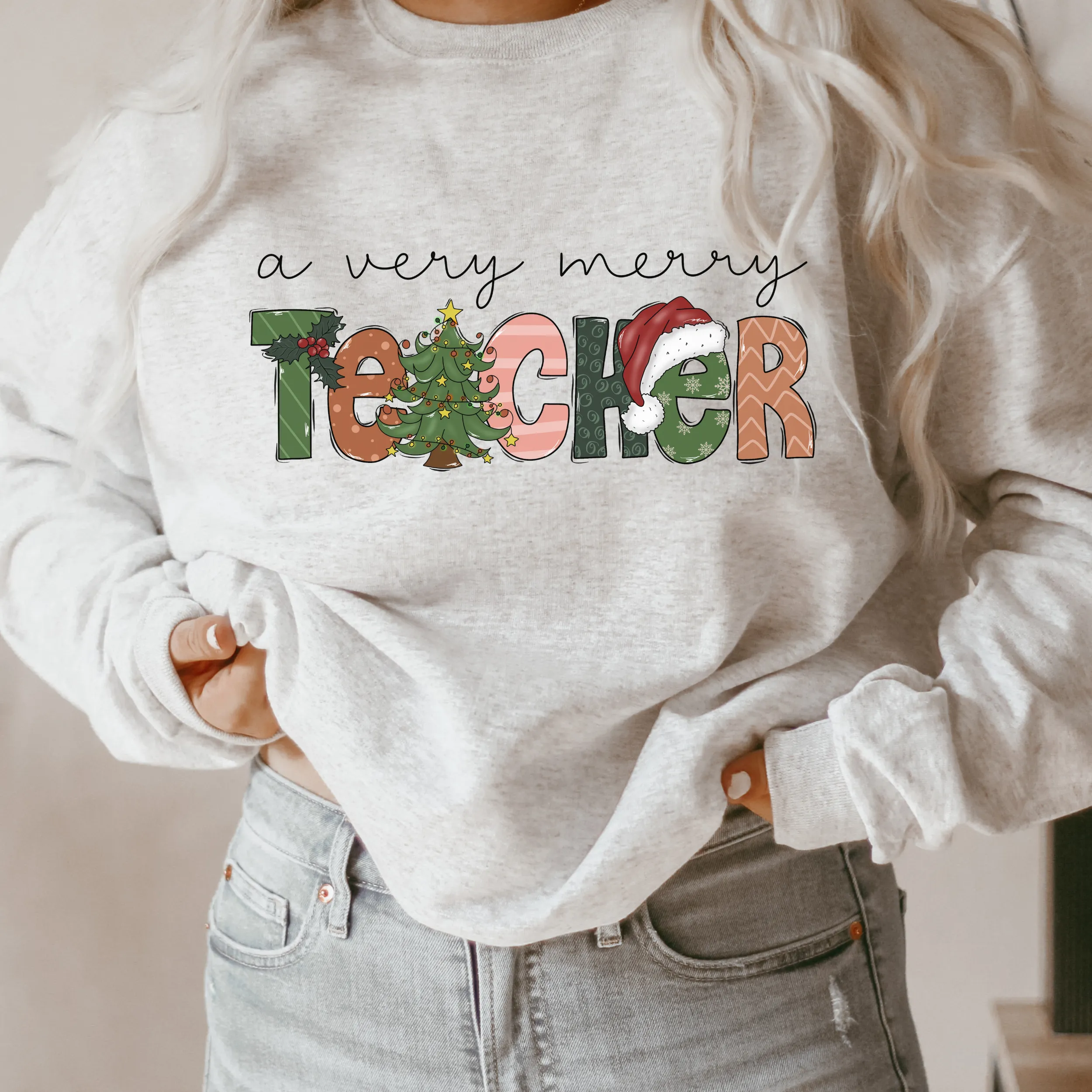 A Very Merry Teacher Christmas Unisex Crewneck Sweatshirt Women's Ash, Sand, or White Teacher Christmas Gift Cute Cozy Christmas Pullover