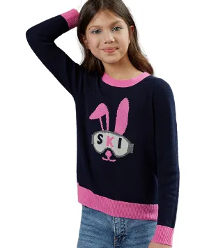 Navy/Pink Ski Bunny Crew Neck Sweater for Girls by Autumn Cashmere - Stylish & Cozy Winter Wear