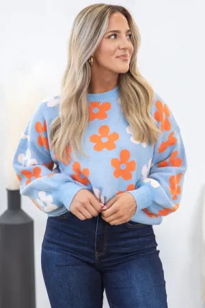 Baby Blue Crewneck Floral Intarsia Sweater