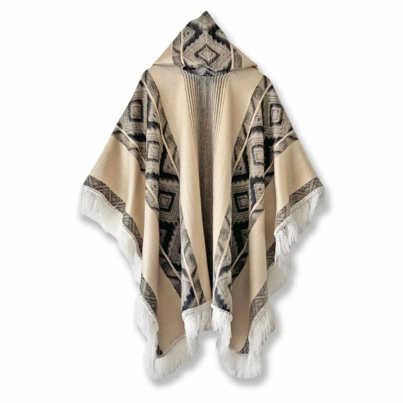 Chordeleg - Lightweight Baby Alpaca Fringed Hooded Poncho - Beige With Black Diamonds Pattern - Unisex