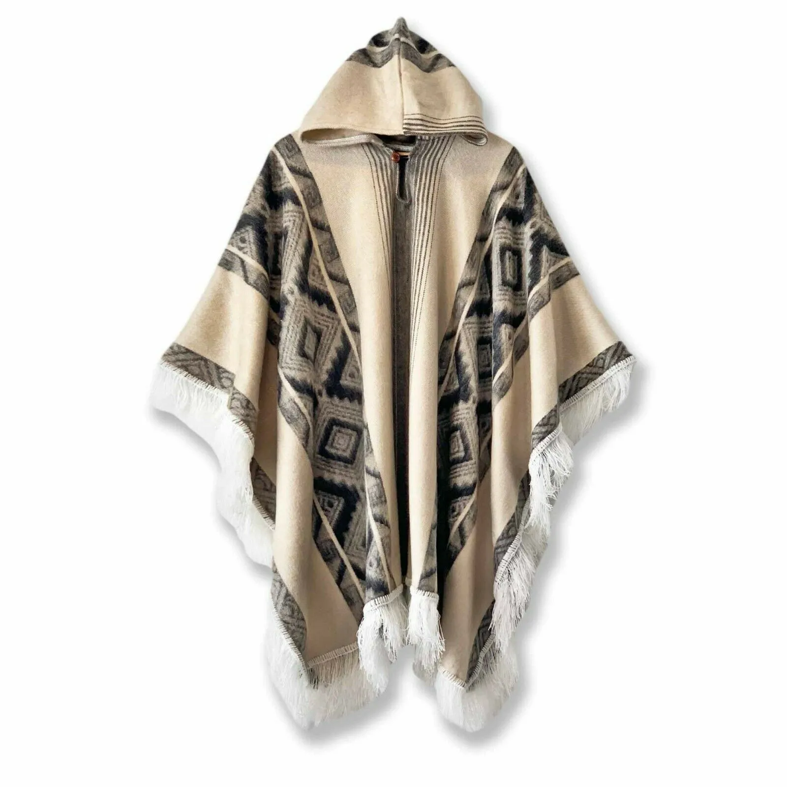 Chordeleg - Lightweight Baby Alpaca Fringed Hooded Poncho - Beige With Black Diamonds Pattern - Unisex