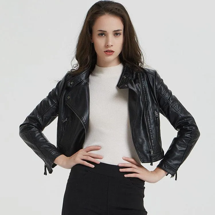 Fashion Women's Short Jacket With Washed Leather And Rivets