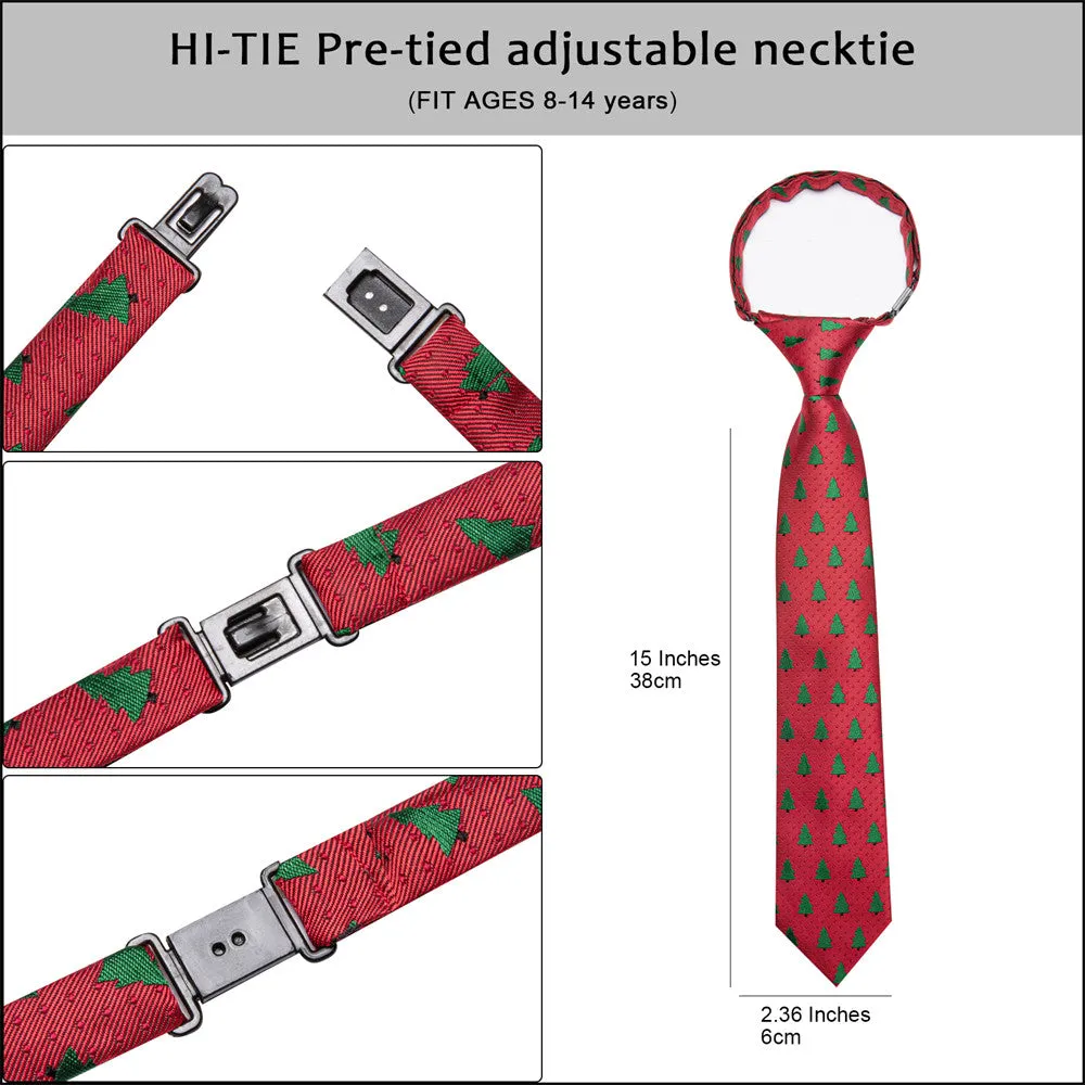 Hi-Tie Christmas Red Green Tree Kids Pre-Tied Adjustable Tie Pocket Square Set