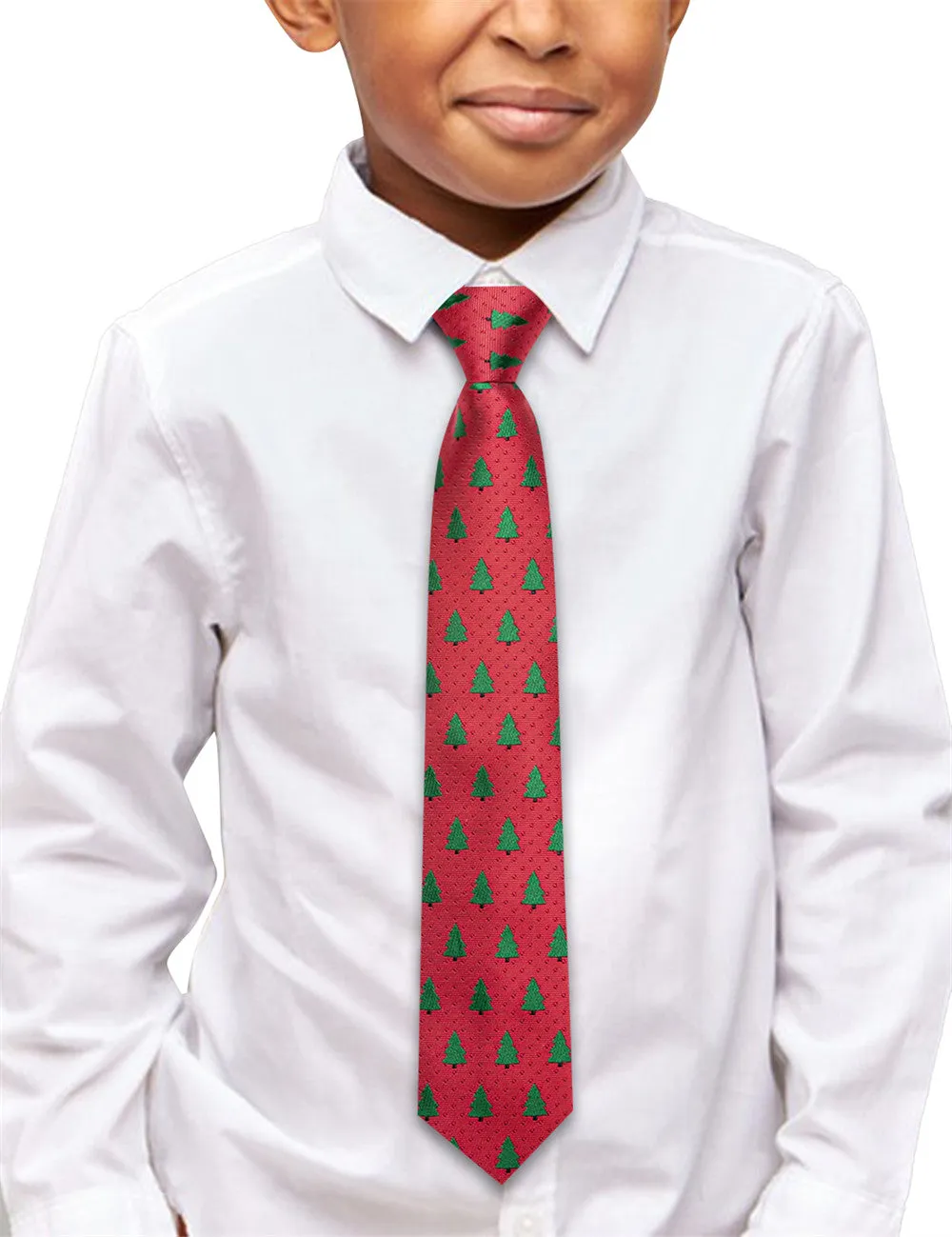 Hi-Tie Christmas Red Green Tree Kids Pre-Tied Adjustable Tie Pocket Square Set