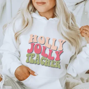 Holly Jolly Teacher Christmas Short Sleeve Tee, Crewneck Sweatshirt or Hoodie, Women's retro vintage Design Cozy Pullover, Hoodie or T-Shirt