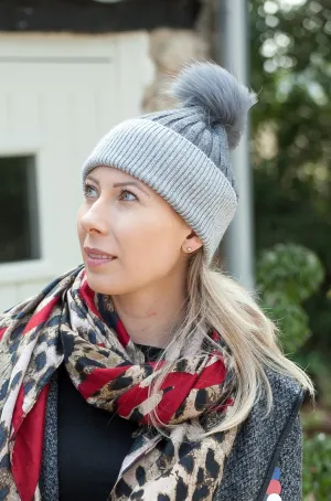 Leah Two Tone Ribbed Hat with Fur PomPom - HT10