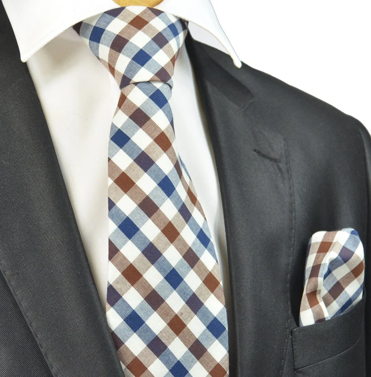 Navy and Brown Checkered Cotton Necktie