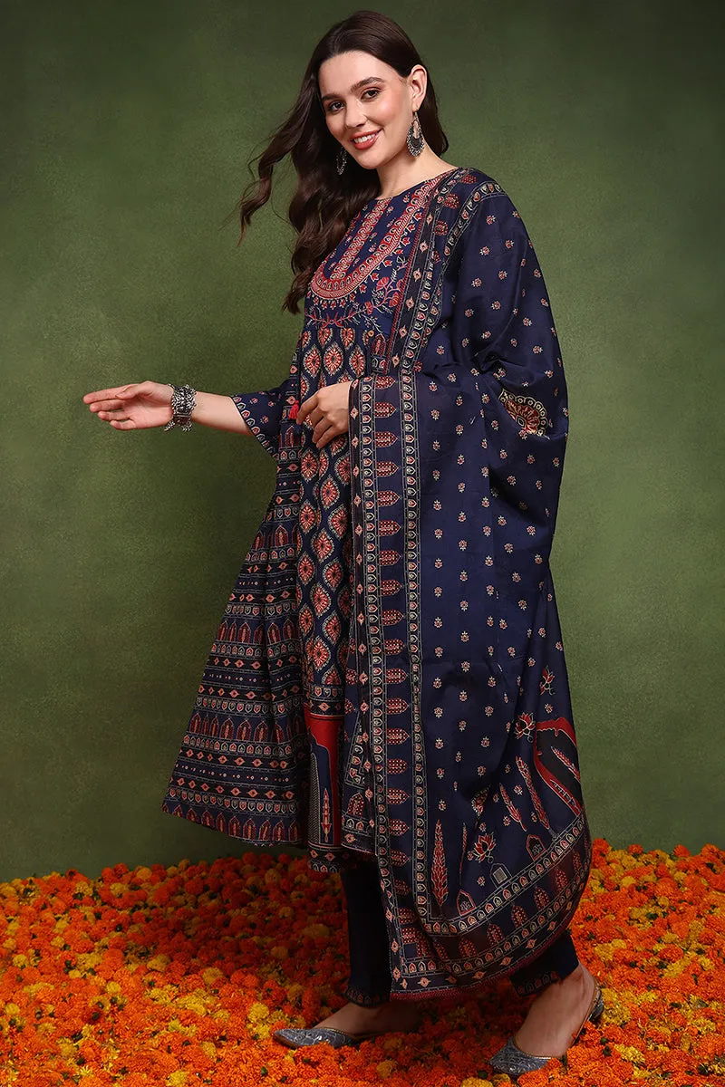 Navy Blue Pure Cotton Ethnic Motifs Printed A Line Suit Set