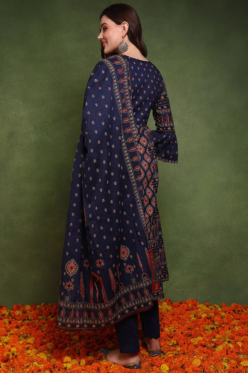 Navy Blue Pure Cotton Ethnic Motifs Printed A Line Suit Set