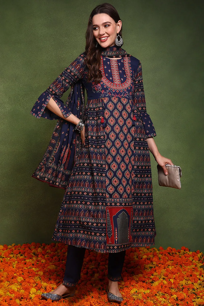 Navy Blue Pure Cotton Ethnic Motifs Printed A Line Suit Set