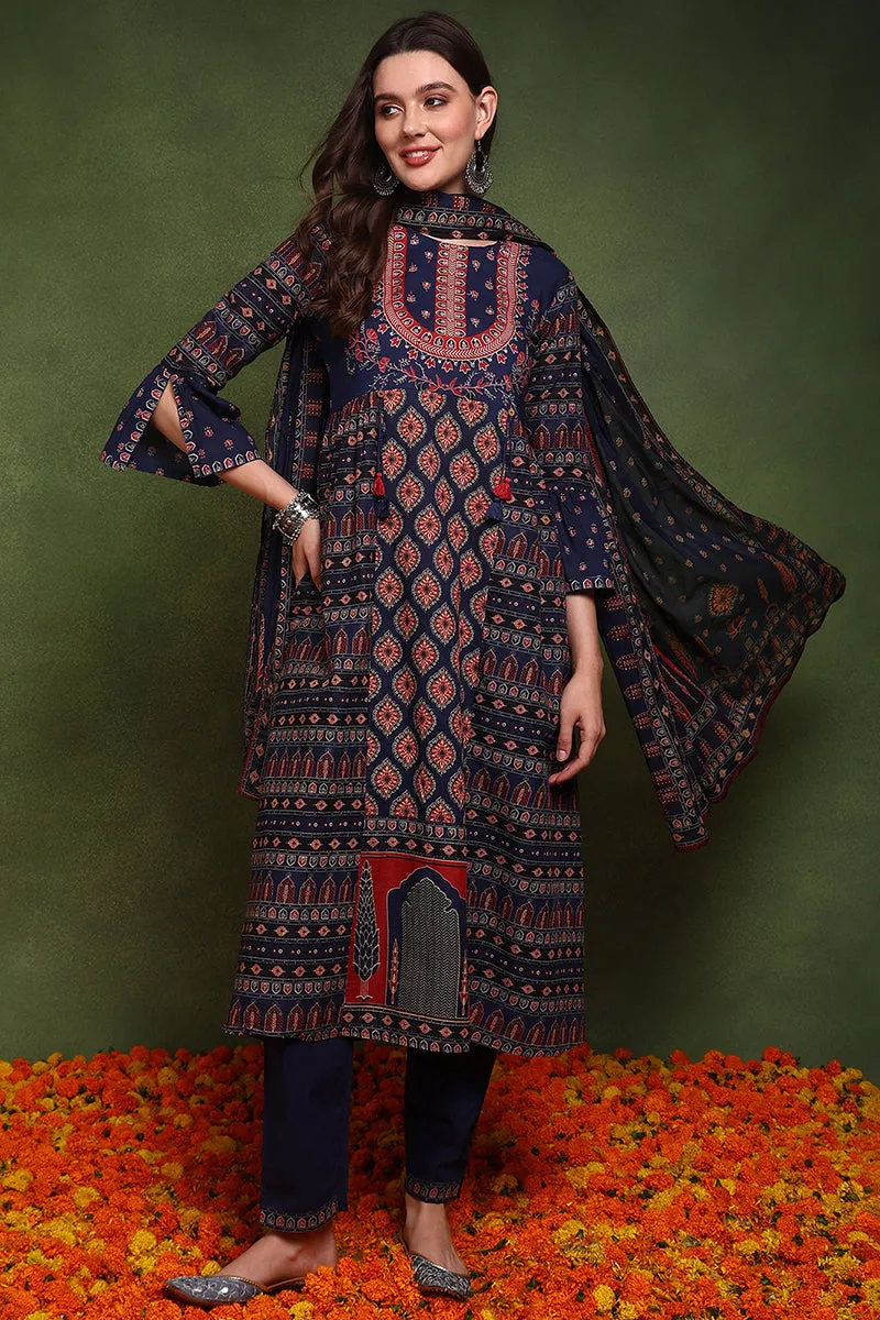 Navy Blue Pure Cotton Ethnic Motifs Printed A Line Suit Set