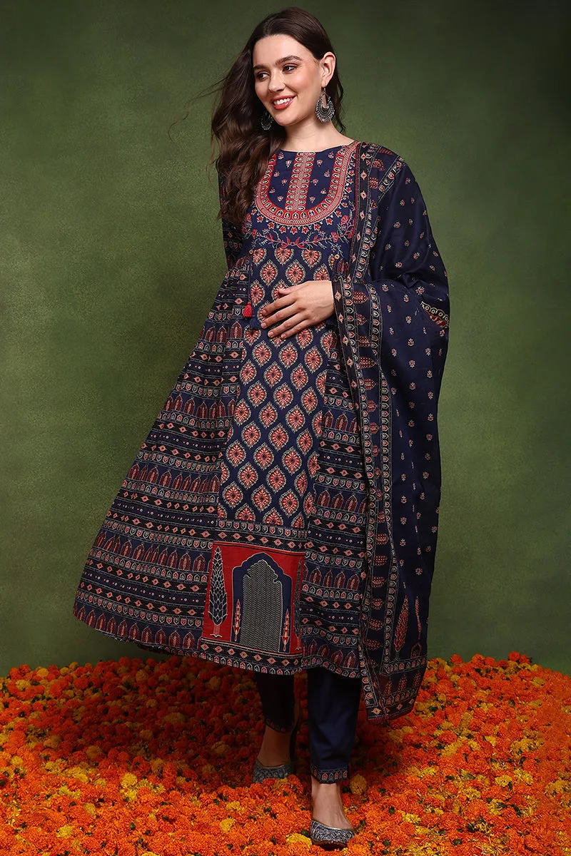 Navy Blue Pure Cotton Ethnic Motifs Printed A Line Suit Set