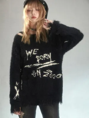 Punk Graffiti Jacquard Mink Lazy Pullover Sweater Black【s0000003881】