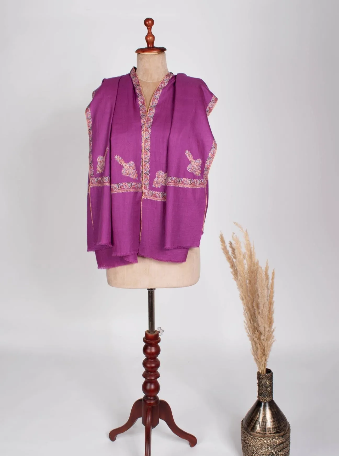 Purple Hashia Embroidered Luxury Cashmere Pashmina Shawl - RANGPUR