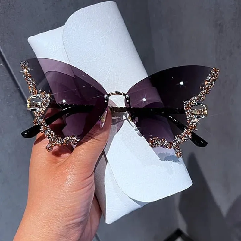 Rhinestone Oversized Butterfly Sunglasses - UV400 Protection, 71mm Lens Height, 65mm Lens Width