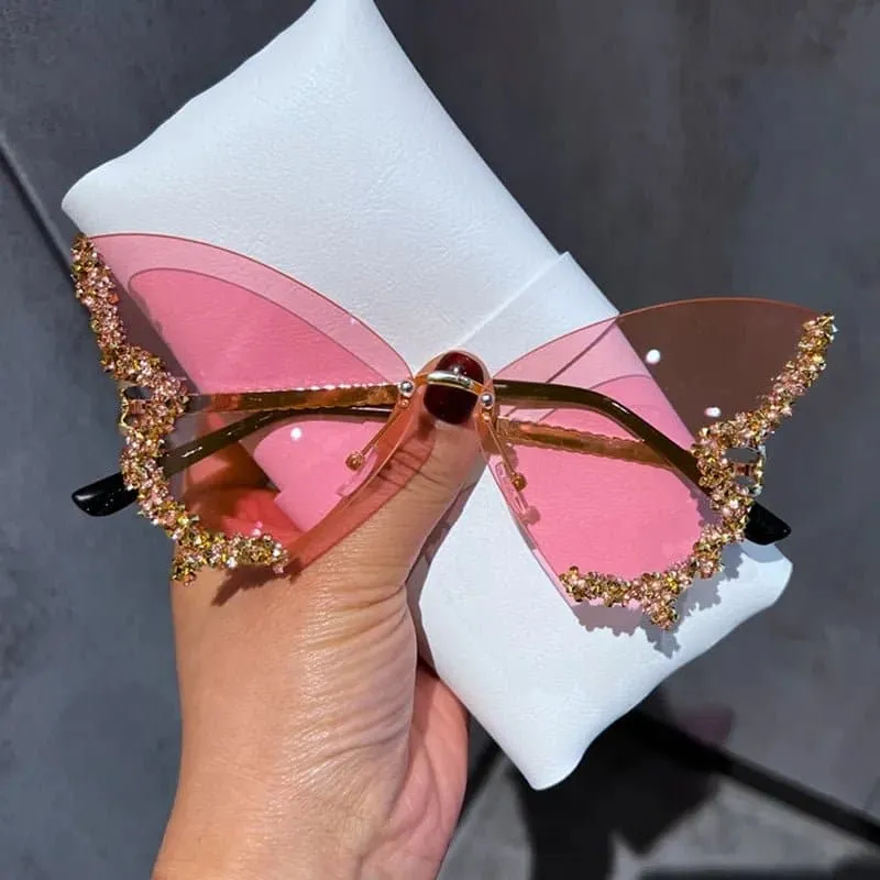 Rhinestone Oversized Butterfly Sunglasses - UV400 Protection, 71mm Lens Height, 65mm Lens Width