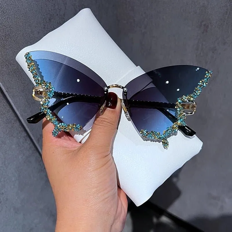 Rhinestone Oversized Butterfly Sunglasses - UV400 Protection, 71mm Lens Height, 65mm Lens Width