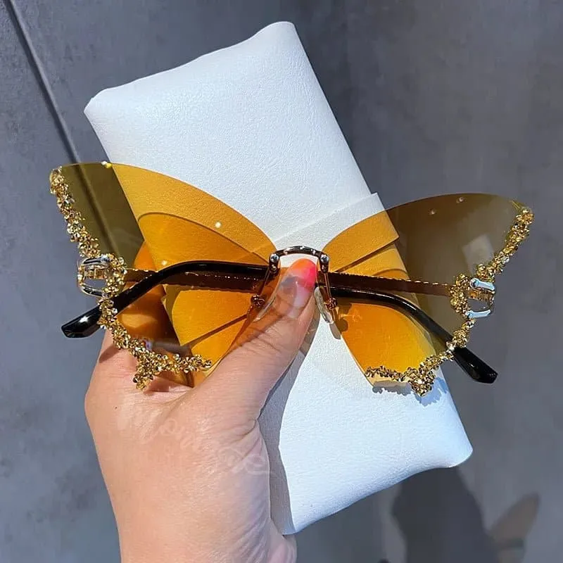 Rhinestone Oversized Butterfly Sunglasses - UV400 Protection, 71mm Lens Height, 65mm Lens Width