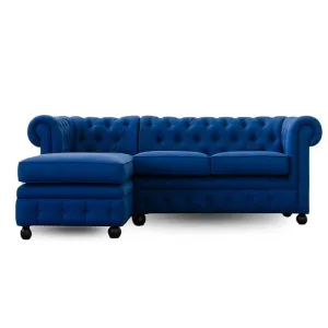 Sasha Solid Wood 3 Seater L Shape Fabric Chesterfield Sofa - Blue