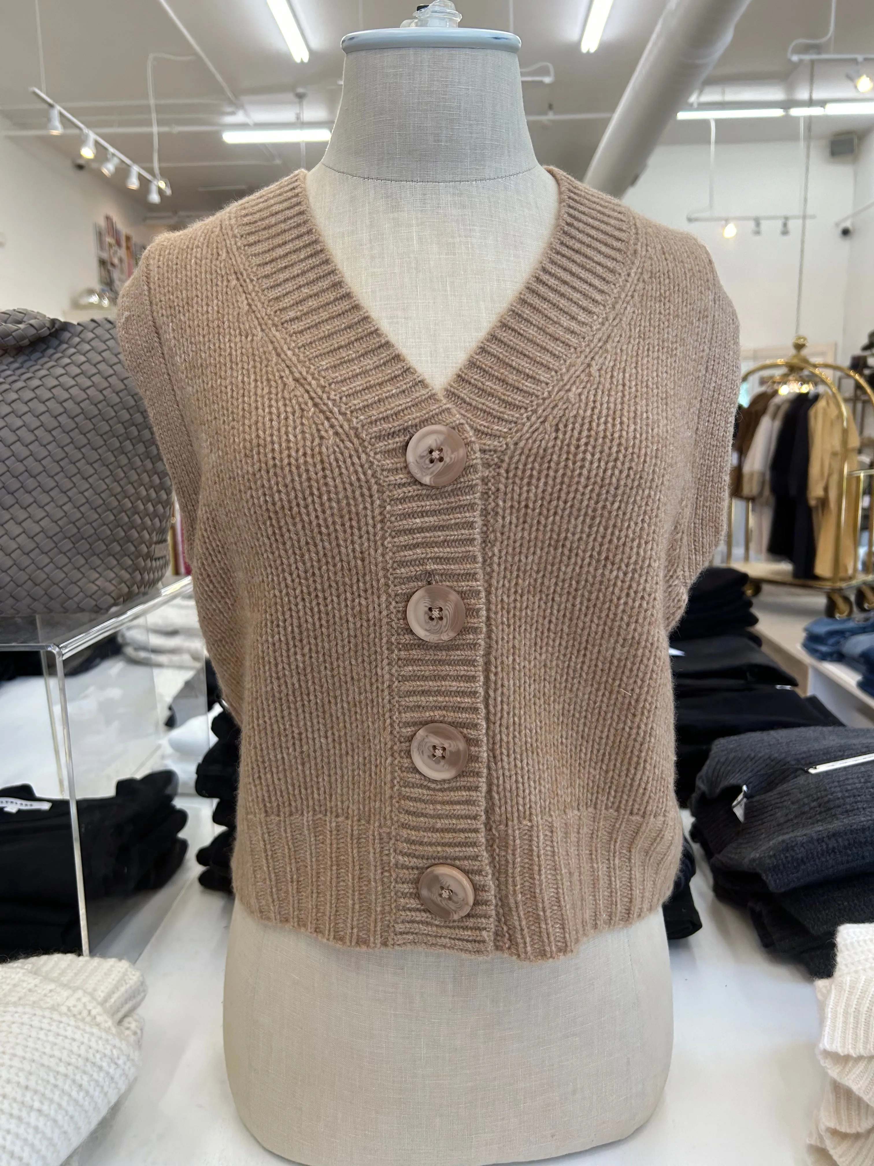 White   Warren - Cashmere Plush Button Vest in Camel Heather