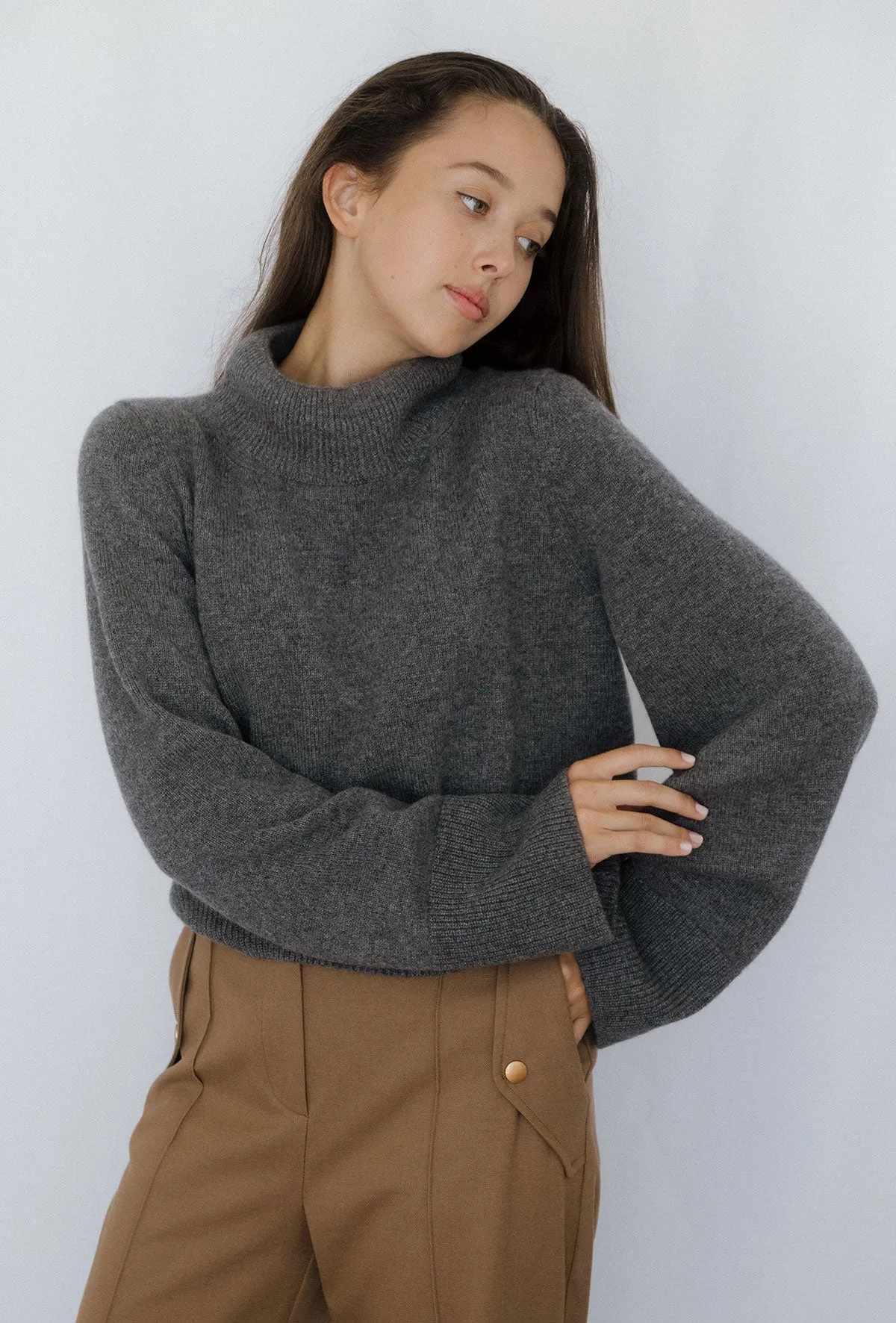 Wide Sleeves  Grey 100% Cashmere Sweater