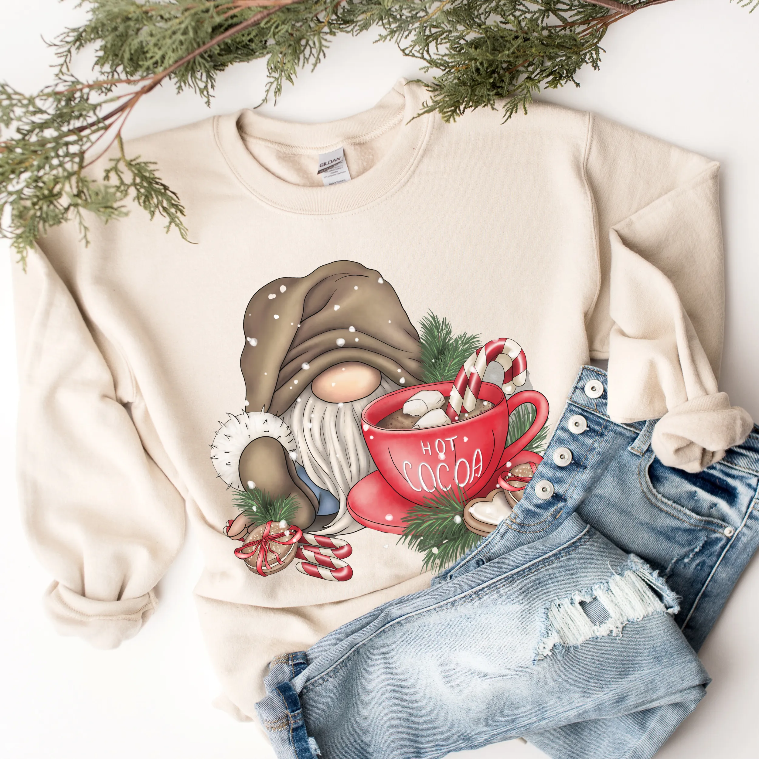 Winter or Christmas Gnome with Hot Cocoa Crewneck Sweatshirt Women's Cozy Ash, Sand, or White Gildan Unisex Pullover