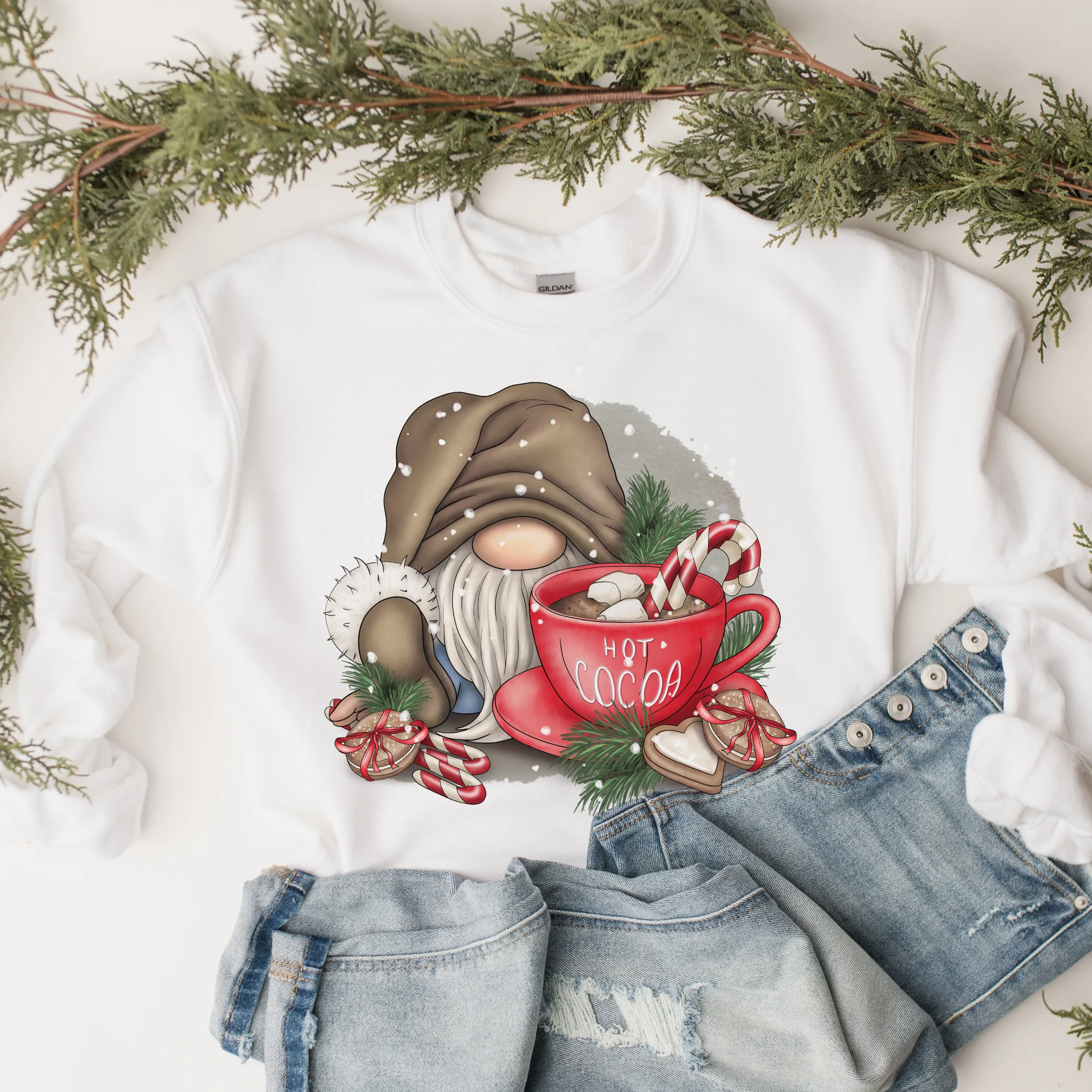 Winter or Christmas Gnome with Hot Cocoa Crewneck Sweatshirt Women's Cozy Ash, Sand, or White Gildan Unisex Pullover