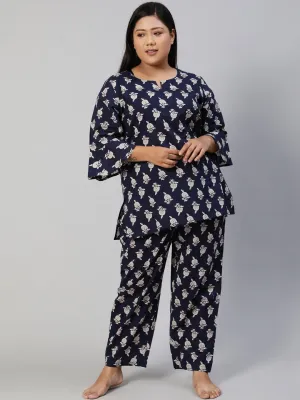 Women Navy Blue Printed Night Suit