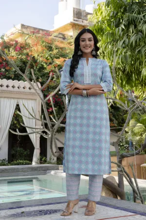 Women Sky Blue Printed Straight Kurta With Trouser