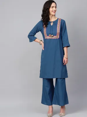 Women'S Blue Yoke Design Kurta With Palazzos