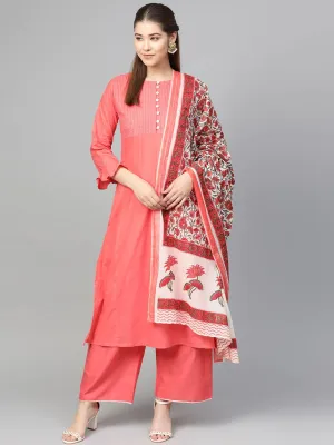 Women'S Peach-Coloured & White Solid Kurta With Palazzos & Dupatta